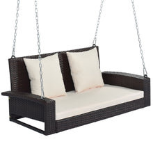 Load image into Gallery viewer, GO 2-Person Wicker Hanging Porch Swing with Chains, Cushion, Pillow, Rattan Swing Bench for Garden, Backyard, Pond. (Brown Wicker, Beige Cushion)

