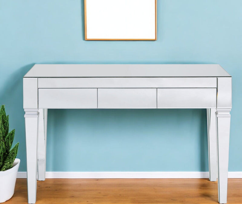 Mirrored Writing Desk With Three Drawers - Silver