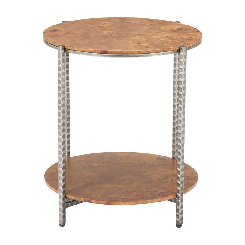 22" Wood And Steel Round End Table With Shelf - Brown
