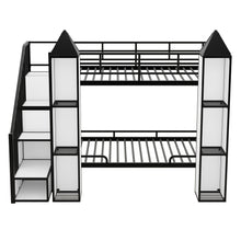 Load image into Gallery viewer, Metal Twin over Twin Castle-shaped Bunk Bed with Wardrobe and Multiple Storage, Black+White
