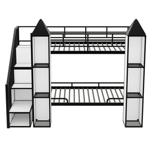 Metal Twin over Twin Castle-shaped Bunk Bed with Wardrobe and Multiple Storage, Black+White