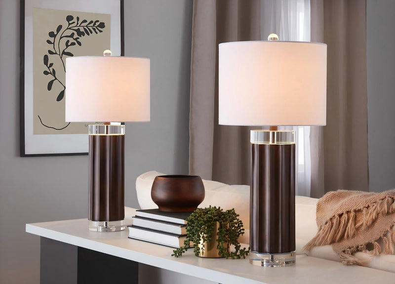 Cylinder - Fluted Contemporary Table Lamp (Set of 2) - Brown / Clear / White