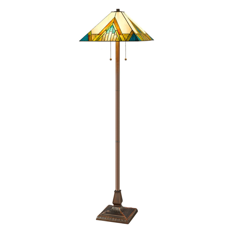 Two Light Traditional Shaped Floor Lamp With Beige Green And Blue Geometric Stained Glass Empire Shade - Brown