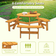 Load image into Gallery viewer, 6-Person Circular Outdoor Wooden Picnic Table for Patio, Backyard, Garden, DIY w/ 3 Built-in Benches, 1720lb Capacity - Natural
