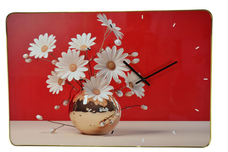 Silent Daisies Floral Wall Clock - Gold / Red / White