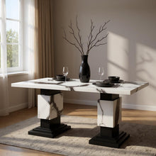 Load image into Gallery viewer, 82" Faux Marble And Wood Double Pedestal Base Dining Table - Black
