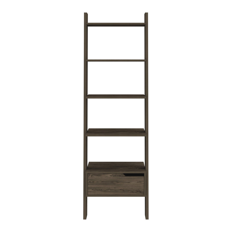 Five Tier Ladder Bookcase With A Drawer - Brown