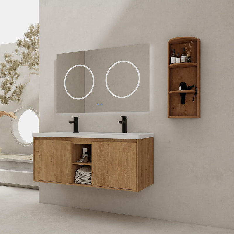 48" Wall Mounted Bathroom Vanity With Double Resin Sink And Storage Rack Soft Close Doors - Imitative Oak