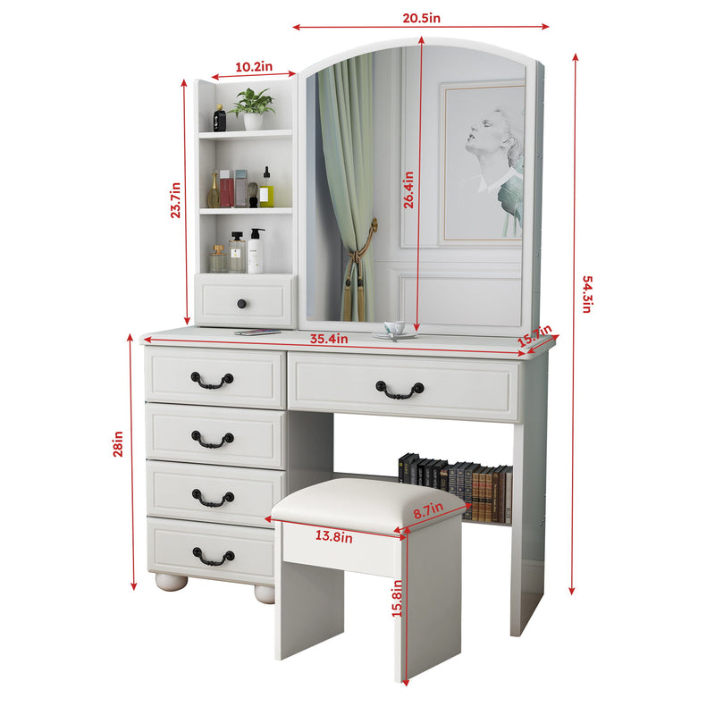 Fashion Vanity Desk With Mirror And Adjustable Lighting, 6 Drawers, 3 Color Light Modes - White