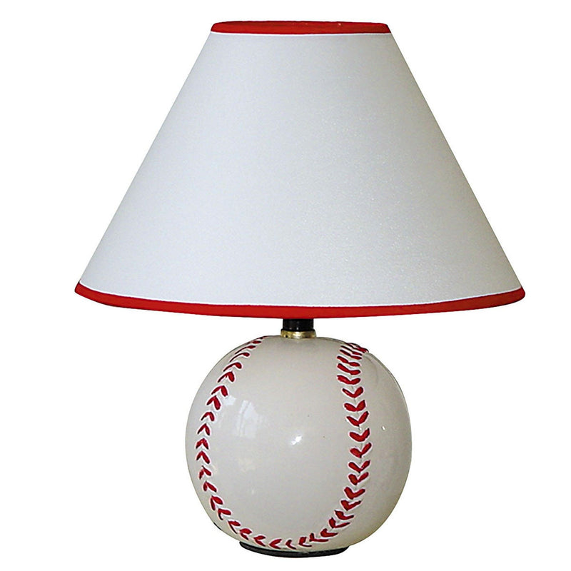 Ceramic Baseball Sports Table Lamp With White And Red Empire Shade - White And Red
