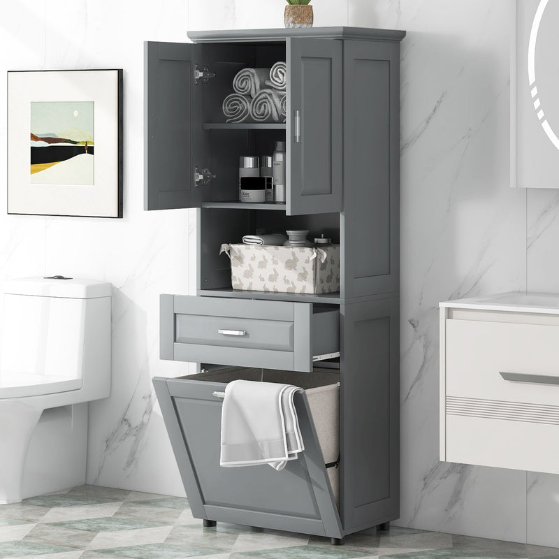 Tall Bathroom Cabinet With Tilt-Out Laundry Basket And Upper Storage