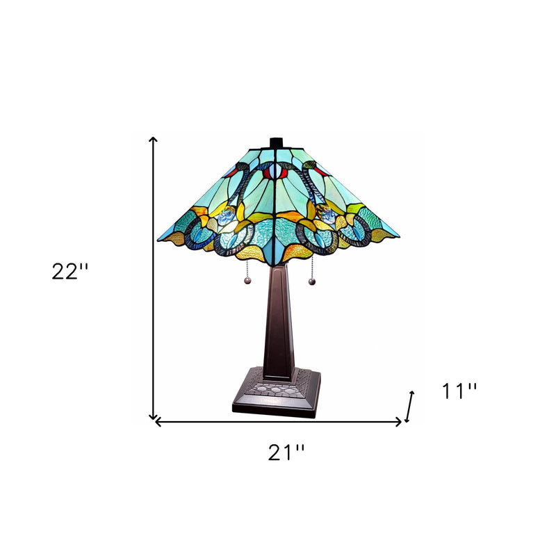 Metal Two Light Table Lamp With Blue And Green Cone Shade - Dark Brown