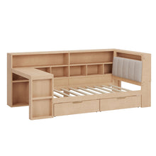 Load image into Gallery viewer, L Shaped Daybed With Desk, Bookcase, Upholstered Headboard, Drawers, And LED Light
