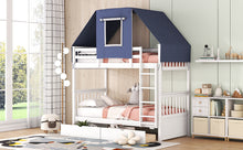 Load image into Gallery viewer, Twin Over Twin Bunk Bed Wood Bed with Tent and Drawers, White+Blue Tent
