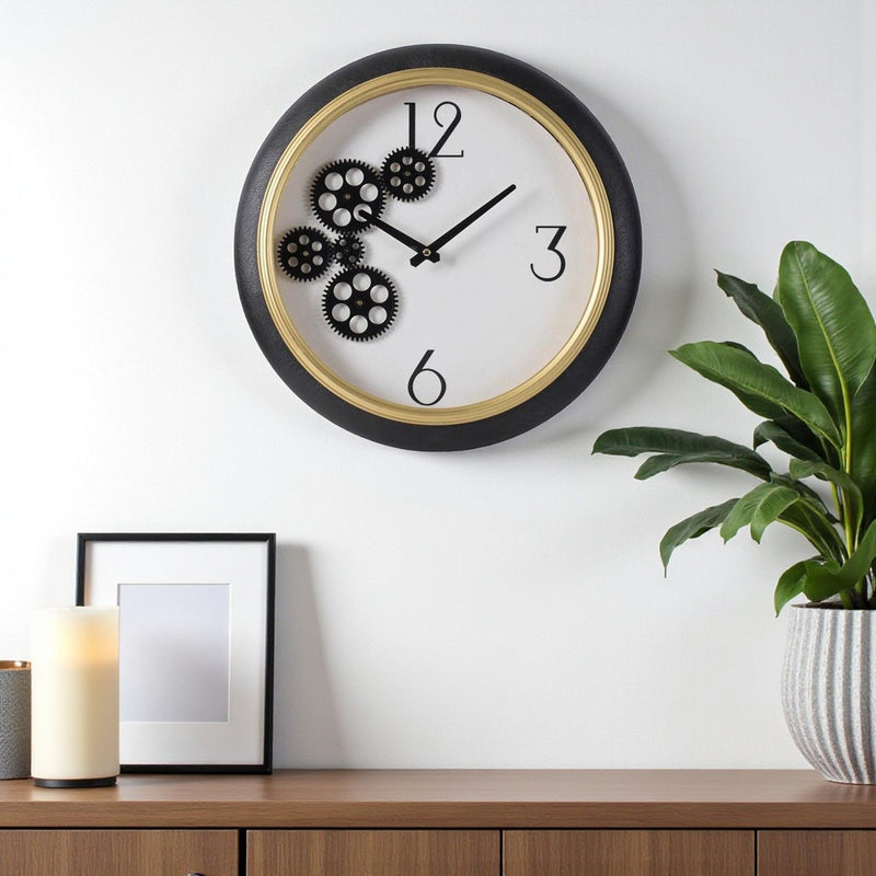 Faux Leather Analog Exposed Gear Round Wall Clock - Black / Gold / White