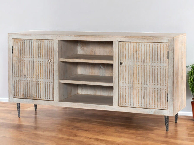 60" Carved Geometric Distressed Solid Wood Enclosed And Open Storage TV Stand - Ivory