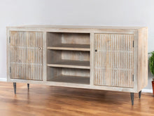 Load image into Gallery viewer, 60" Carved Geometric Distressed Solid Wood Enclosed And Open Storage TV Stand - Ivory
