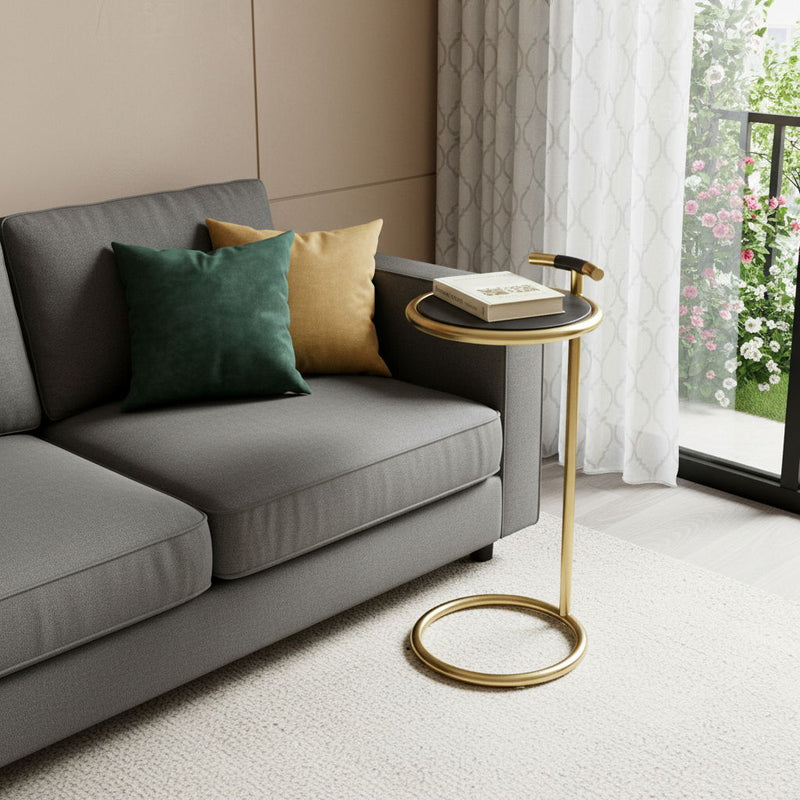 Leather Aluminum Round End Table - Black / Gold