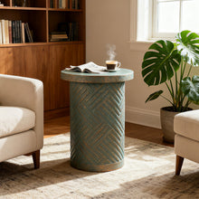 Load image into Gallery viewer, Round Outdoor End Table With Tree Stump Design For Patio - Golden / Green / Peacock
