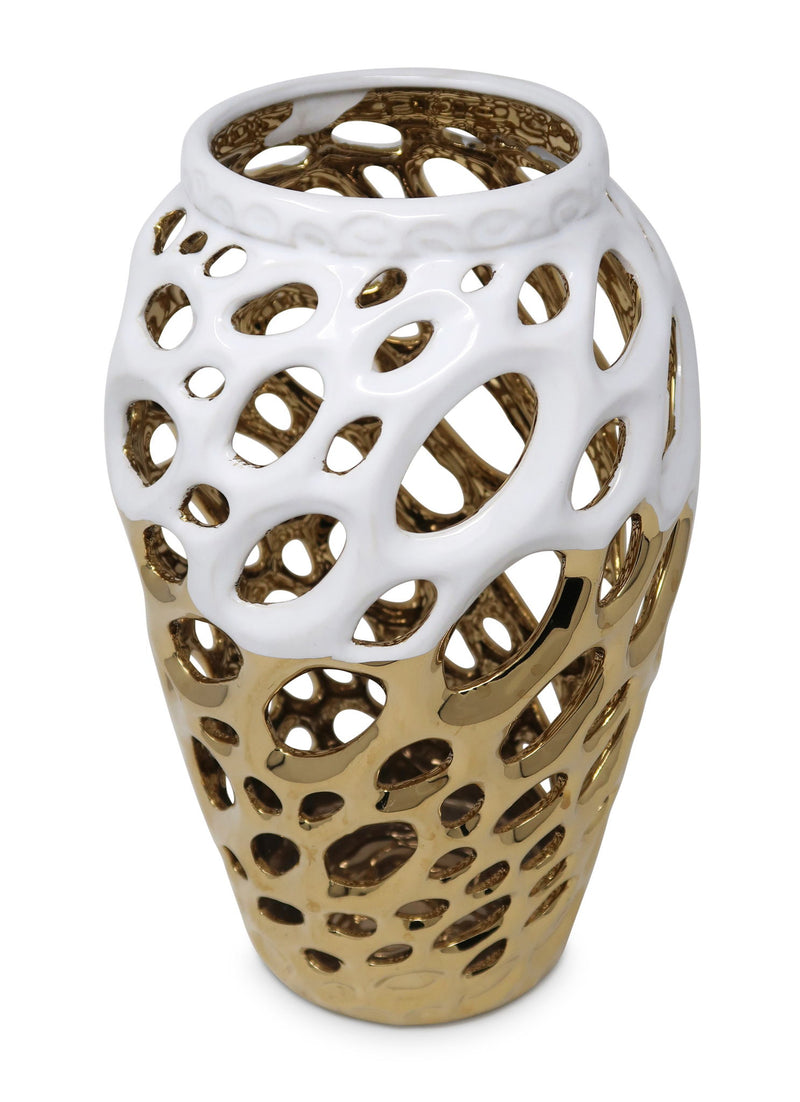Pierced Urn Porcelain Table Vase With Sculptural Details - Gold / White