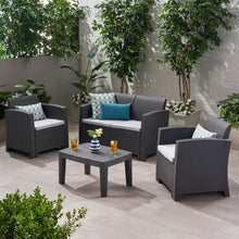 Load image into Gallery viewer, Zephyra - Outdoor 4 Piece Faux Wicker Rattan Chat Set With Water Resistant Cushions - Gray

