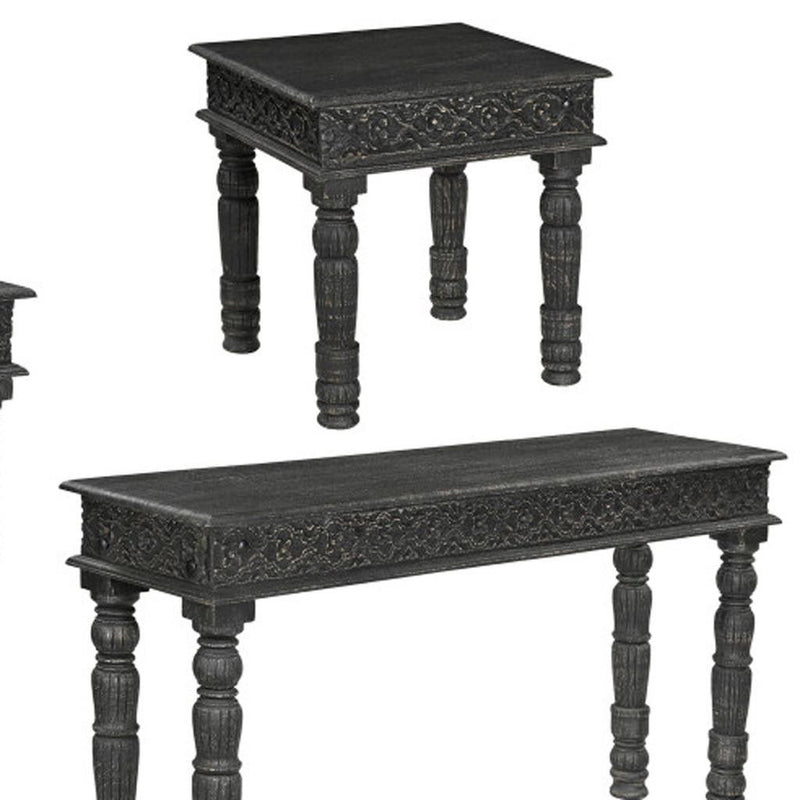 Solid Wood Distressed Coffee Table (Set of 3) - Black