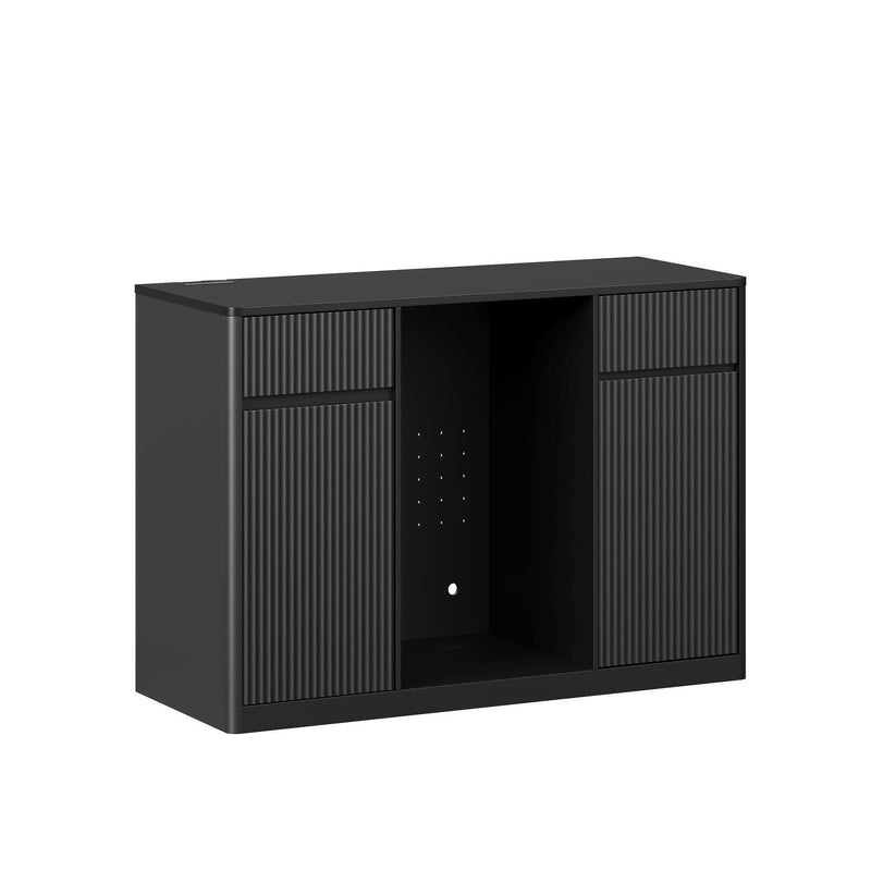 Wood Ribbed Textured Bar Cabinet With Mini Fridge Compartment And USB - Black