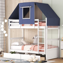 Load image into Gallery viewer, Twin Over Twin Bunk Bed Wood Bed with Tent and Drawers, White+Blue Tent
