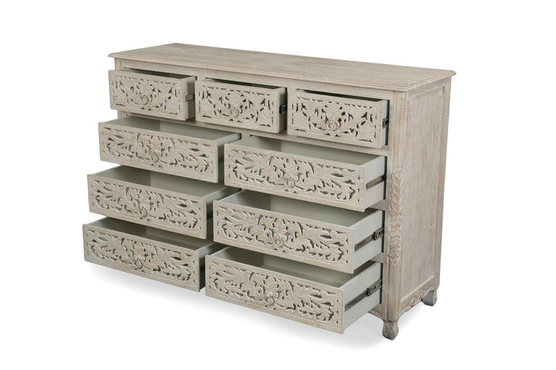 Carved Floral Solid Wood Nine Drawer Dresser - White
