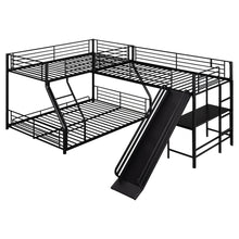 Load image into Gallery viewer, L-Shaped Twin Over Full Bunk Bed With Twin Loft, Built In Desk And Slide - Black
