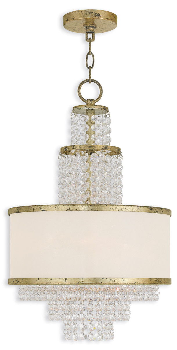 22" Three Light Metal Dimmable Chandelier With Shades - Gold / Clear / Off White