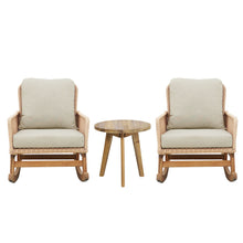 Load image into Gallery viewer, Modern 3 Piece Outdoor Seating Set With Cushioned Rattan Rocking Chairs And Wooden Accent Table
