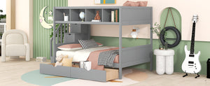 Twin over Full Bunk Bed with Shelfs, Storage Staircase and 2 Drawers, Gray