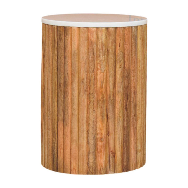 Marble And Solid Wood Round Drum End Table - Brown