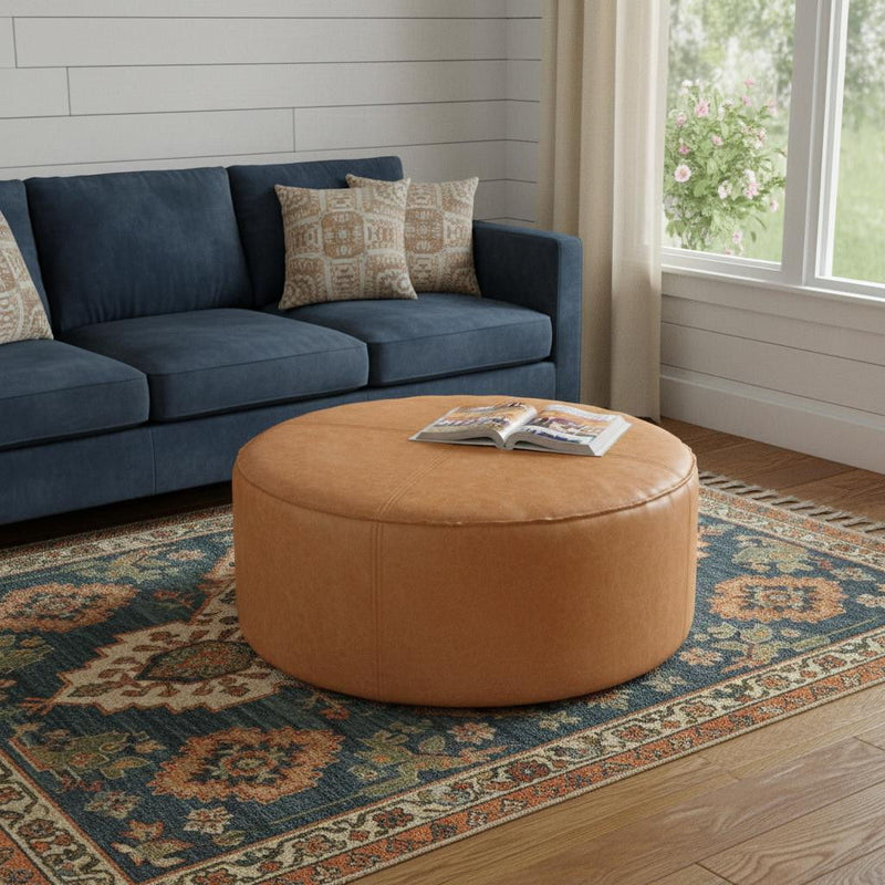 32" Faux Leather Round Pouf Ottoman - Brown