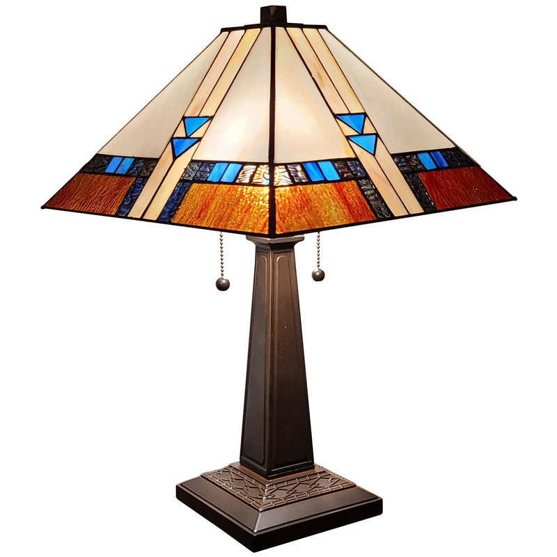 22" Metal Two Light Candlestick Table Lamp With Empire Shade - Dark Brown / Off-White / Blue