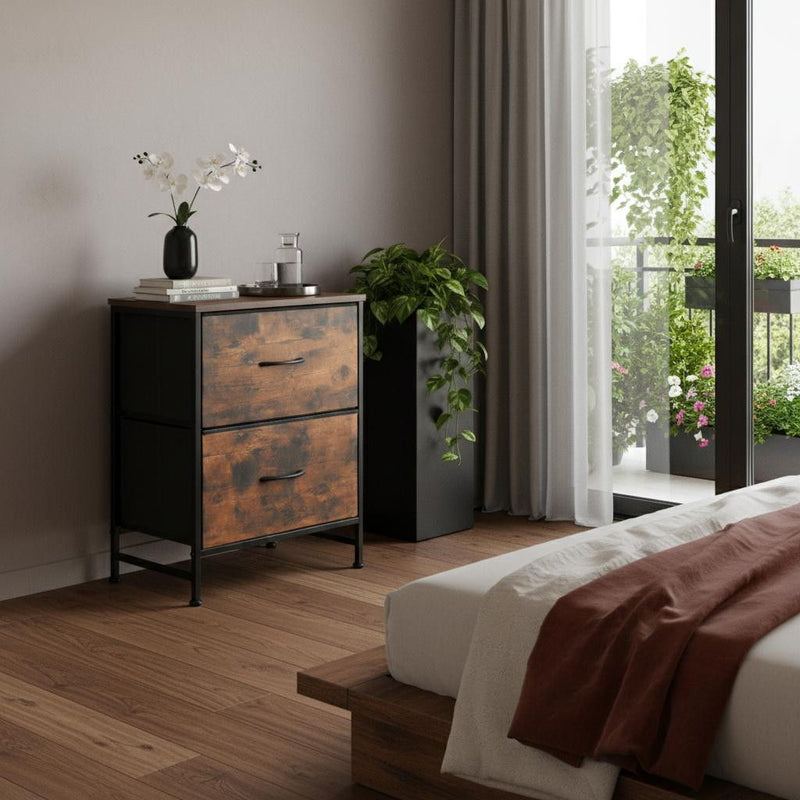 Fabric Metal And Wood Two Drawer Dresser - Black / Brown
