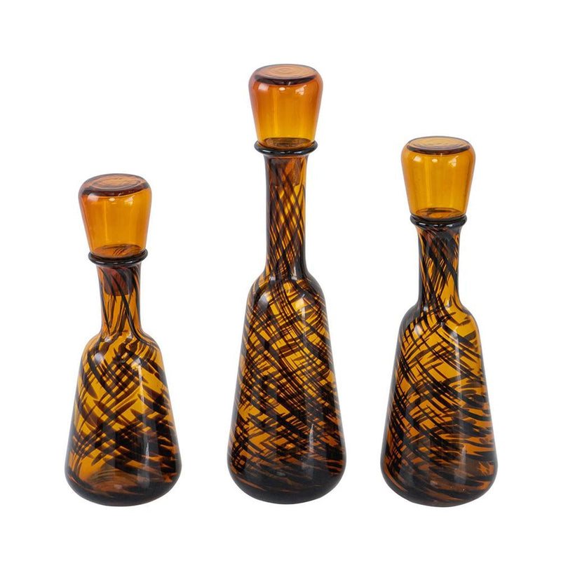 Abstract Swirl Decorative Bottles With Stoppers (Set of 3) - Amber / Brown