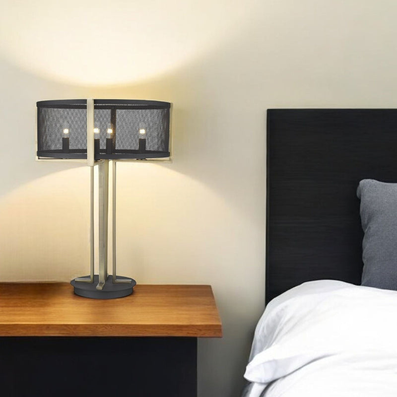 Metal Four Light Geometric Table Lamp With Black Drum Shade - Brass