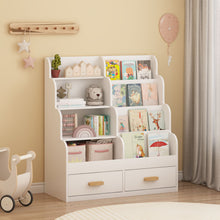 Load image into Gallery viewer, Bookshelf With 2 Storage Drawers, Front Facing Bookcase And Toy Organizer, Multi Tier Reading Shelf - White
