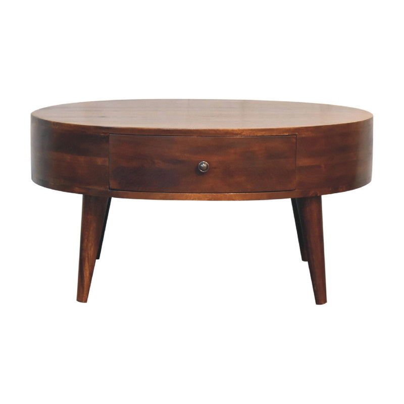 Solid Wood Round Coffee Table With Two Drawers - Chestnut