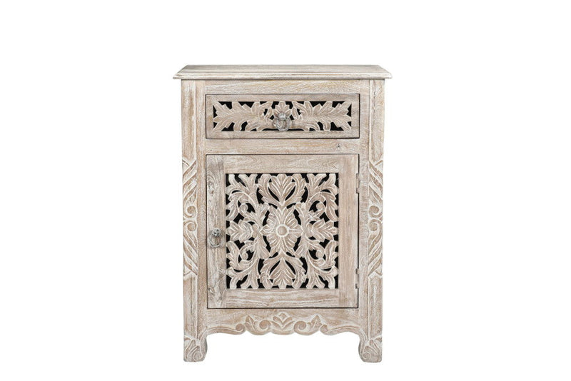 One Drawer Carved Floral Solid Wood Nightstand - Distressed White