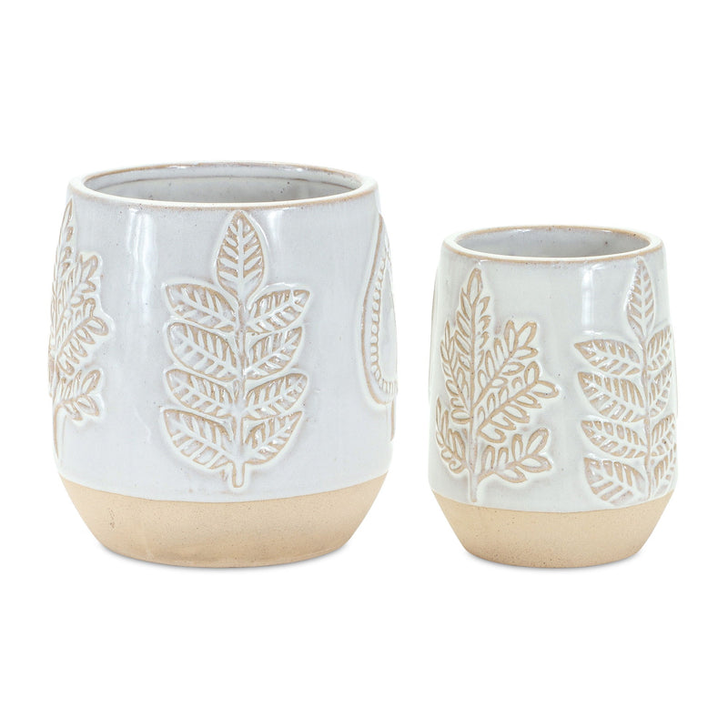 Porcelain Leaf Round Pot Planters (Set of 2) - Beige / Gray