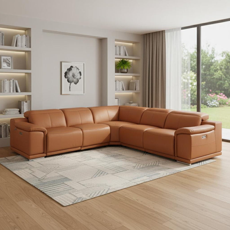 Italian Leather Modular L-Shaped Five Piece Corner Sectional - Camel