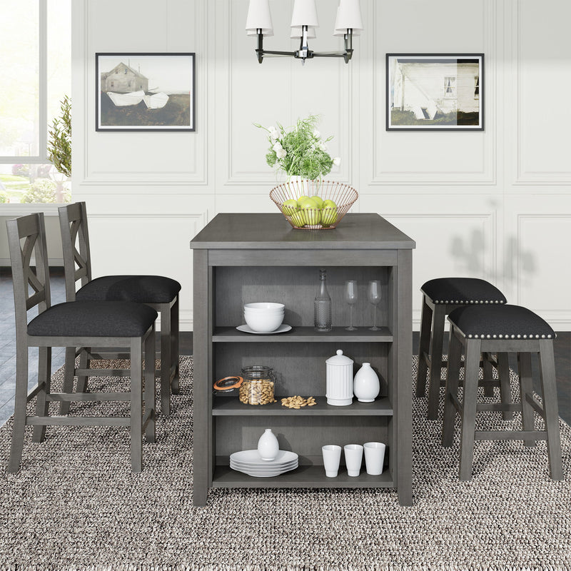 5 Pieces Counter Height Rustic Farmhouse Dining Room Wooden Bar Table Set With 2 Stools And 2 Chairs