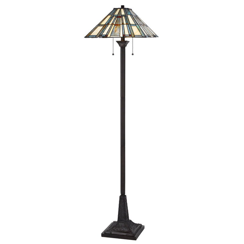 Two Light Traditional Shaped Floor Lamp With Gray And Ivory Abstract Tiffany Glass Empire Shade - Bronze