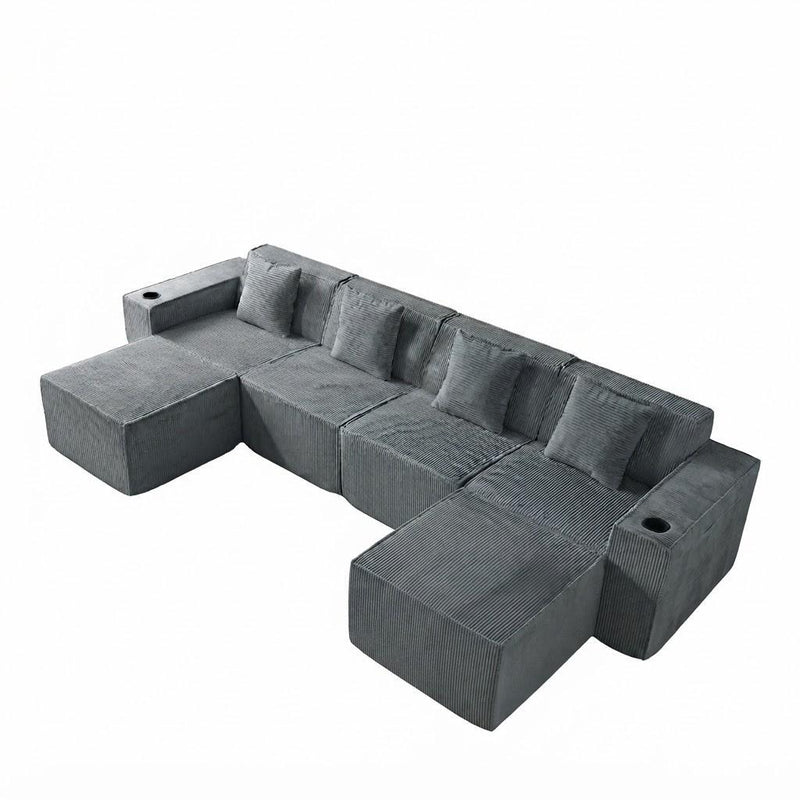 Corduroy Modular Sofa With Ottoman And Toss Pillows - Gray