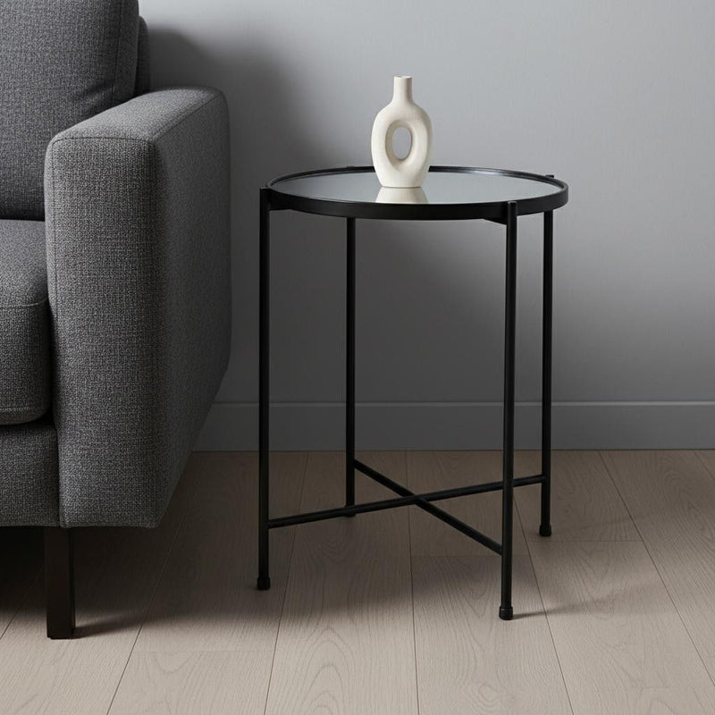 Mirrored Glass Iron Round End Table - Silver / Black