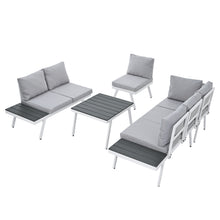 Load image into Gallery viewer, TOPMAX Industrial 5-Piece Aluminum Outdoor Patio Furniture Set, Modern Garden Sectional Sofa Set with End Tables, Coffee Table and Furniture Clips for Backyard, White+Grey
