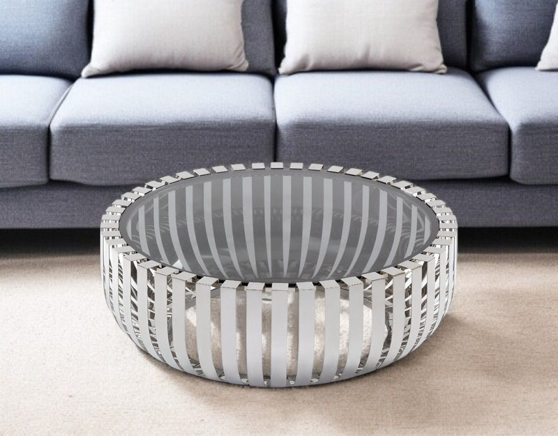 Glass And Stainless Steel Round Coffee Table - Gray